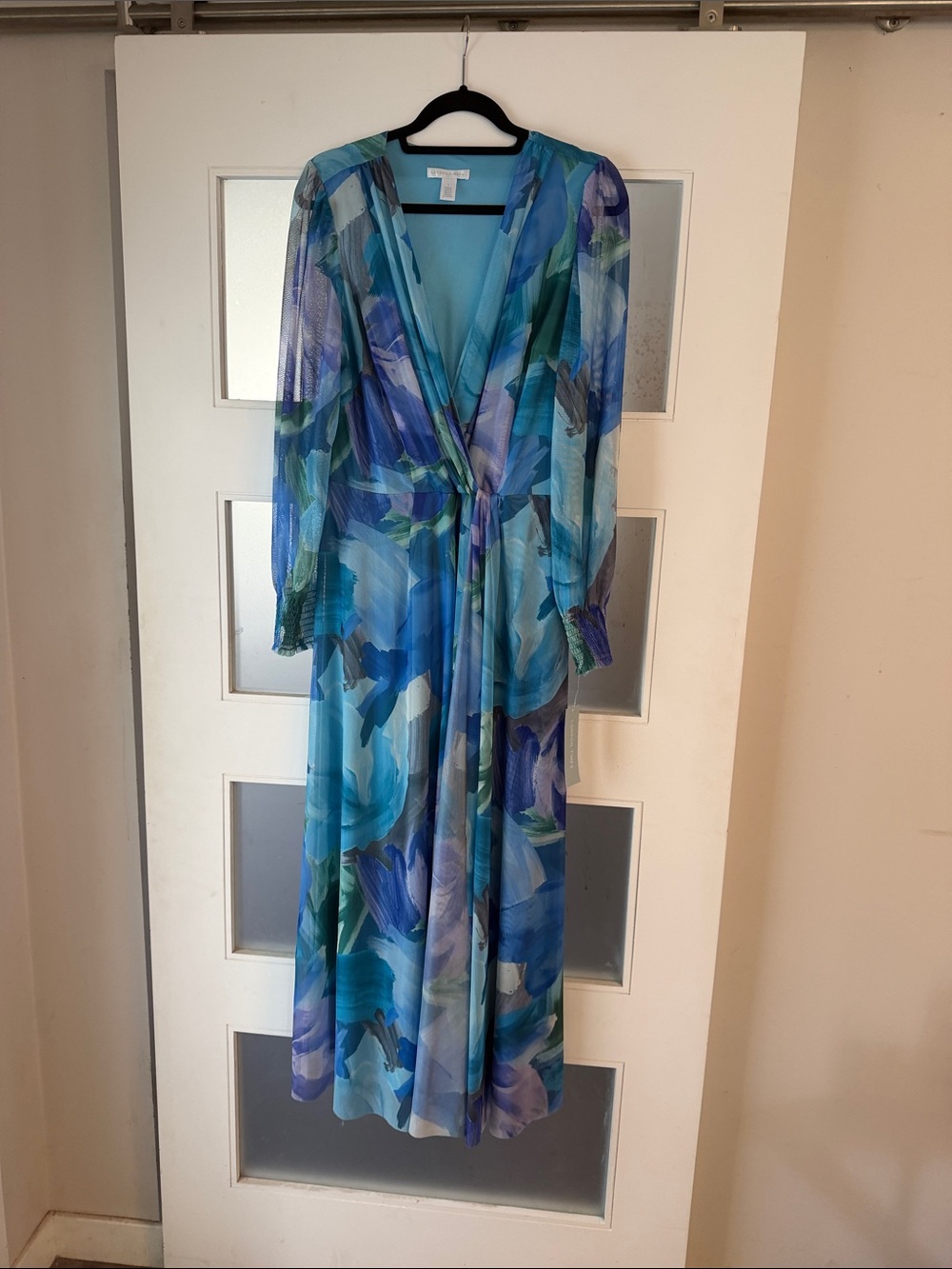 London Times Blue Floral V-Neck Maxi Dress with Sheer Long Sleeves